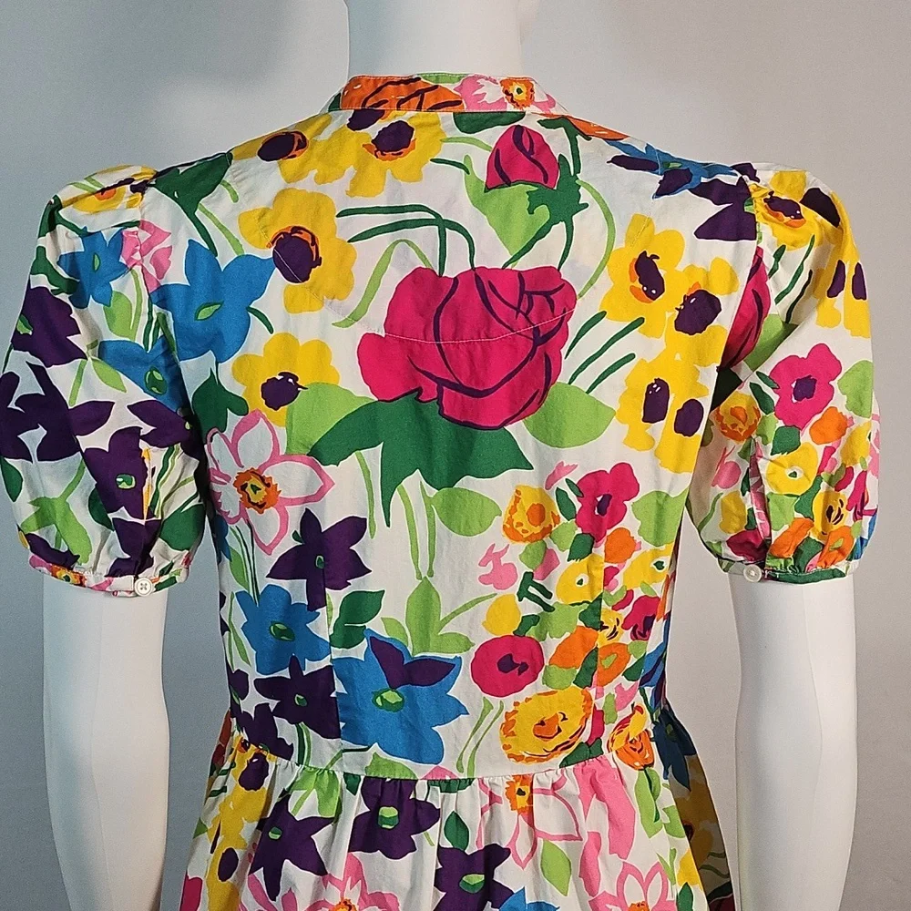 J. Crew 100% Cotton Vibrant Multi-Color Floral Puff Sleeve Ruffle Hem Dress - Picture 12 of 16